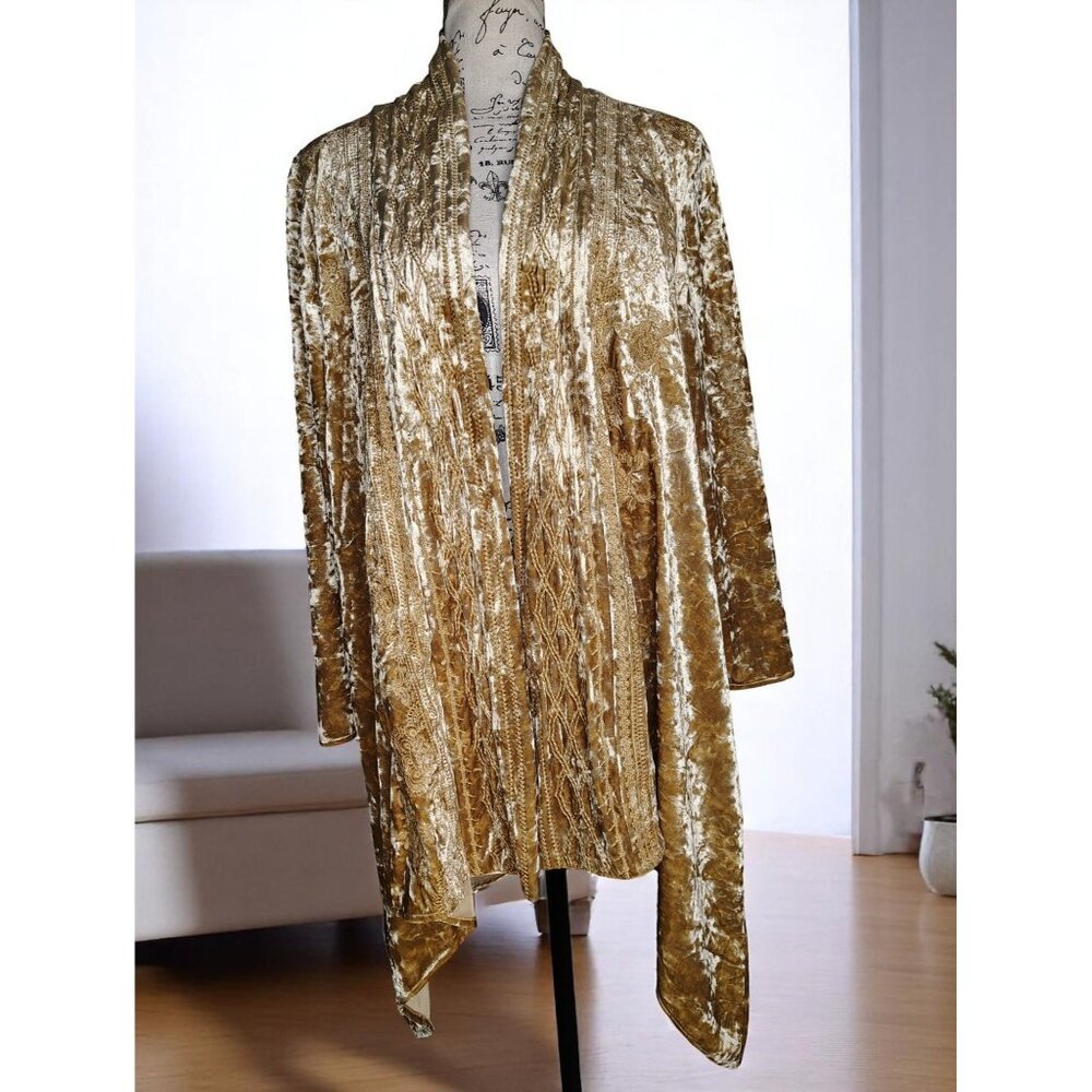 How Very Loved Large Crushed Velvet Cardigan, Gold Tone, Embroidered  Lagenlook